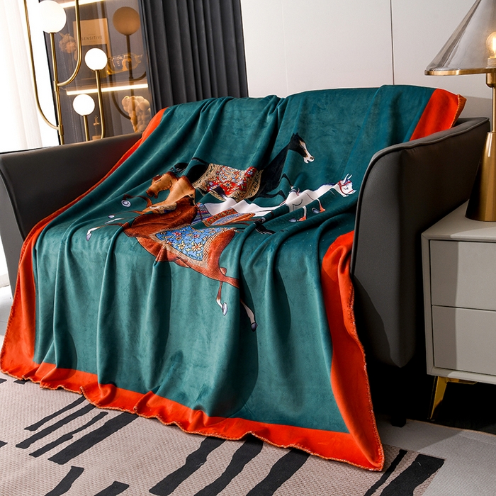 91家纺网 家纺一手货源 找家纺 爵仕 2024高档锦狐绒毛毯复合毯奢华复古绒毯爱马风格 绿马