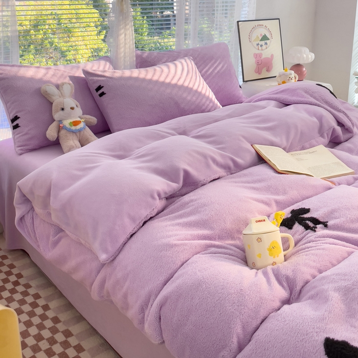 91家纺网 家纺一手货源 找家纺 蝶帕家纺 2024新款阳离子提花舒棉绒四件套 蝴蝶结-紫