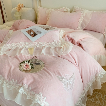 吾欢心 2024新款蝶恋花高品质立体雕花绒加厚牛奶绒四件套床单款床盖款 绒蝶恋花粉
