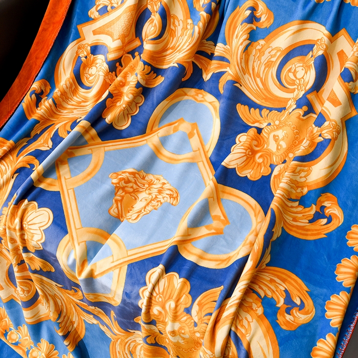 91家纺网 家纺一手货源 找家纺 爵仕 2024高档锦狐绒毛毯复合毯奢华复古绒毯爱马风格 蓝色范