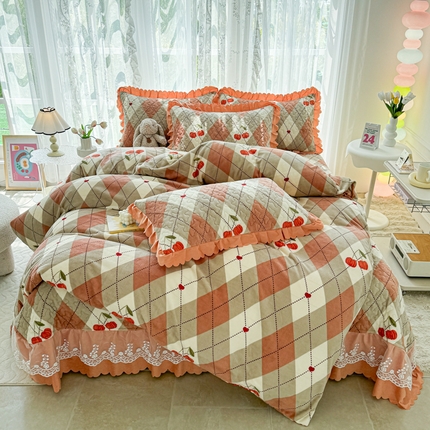 91家纺网 家纺一手货源 找家纺 浩浩家纺 2024新款牛奶绒床盖四件套 橙色线条