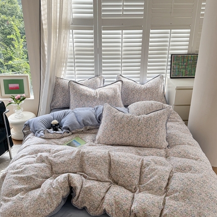 眠屿家纺 2024新款全棉皱皱纱牛奶绒四件套 紫色郁金香