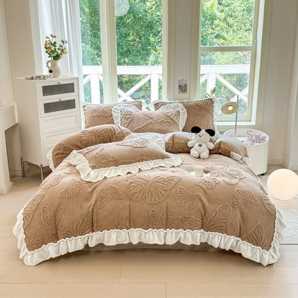 蝶帕家纺 2024新款舒棉绒提花塔芙绒四件套-蝶舞 蝶舞-咖色