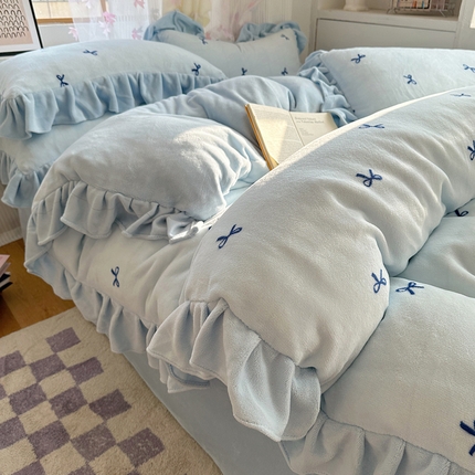 十里居 2024新款韩版蝴蝶结花边款牛奶绒四件套 蝴蝶结-淡蓝