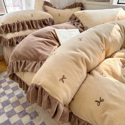 十里居 2024新款韩版蝴蝶结花边款牛奶绒四件套 蝴蝶结-米咖