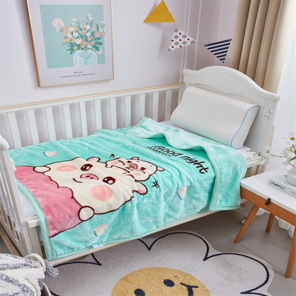 凯轩毛毛毯毯子网销专供 2024新款加厚保暖儿童印花云毛毯毯子系列 卡通猪  绿