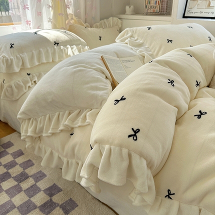 十里居 2024新款韩版蝴蝶结花边款牛奶绒四件套 蝴蝶结-奶白