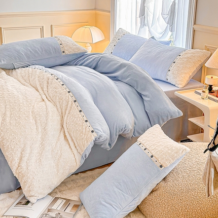 安莱生活 2024新款优雅獭兔牛奶绒刺绣工艺款四件套 暖暖恋-风格一 玫瑰蓝