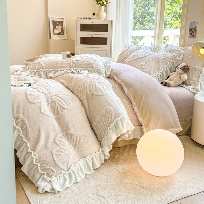 91家纺网 家纺一手货源 找家纺 （总）蝶帕家纺 2024新款舒棉绒提花塔芙绒四件套-蝶舞