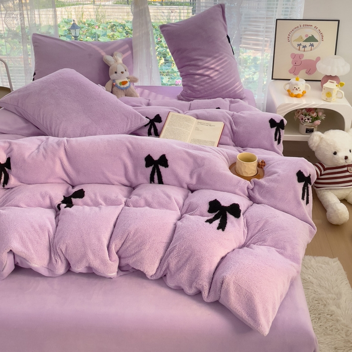 91家纺网 家纺一手货源 找家纺 蝶帕家纺 2024新款阳离子提花舒棉绒四件套 蝴蝶结-紫