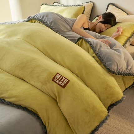 晨曦家纺 2024新款日系简约小包边牛奶绒四件套 简约-苹果绿灰