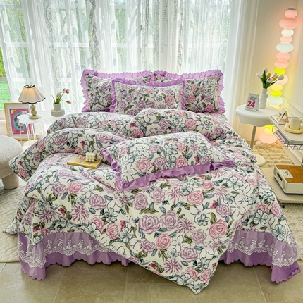 91家纺网 家纺一手货源 找家纺 浩浩家纺 2024新款牛奶绒床盖四件套 玫瑰花园
