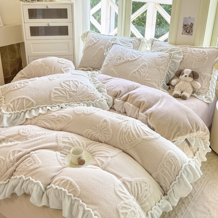 91家纺网 家纺一手货源 找家纺 （总）蝶帕家纺 2024新款舒棉绒提花塔芙绒四件套-蝶舞