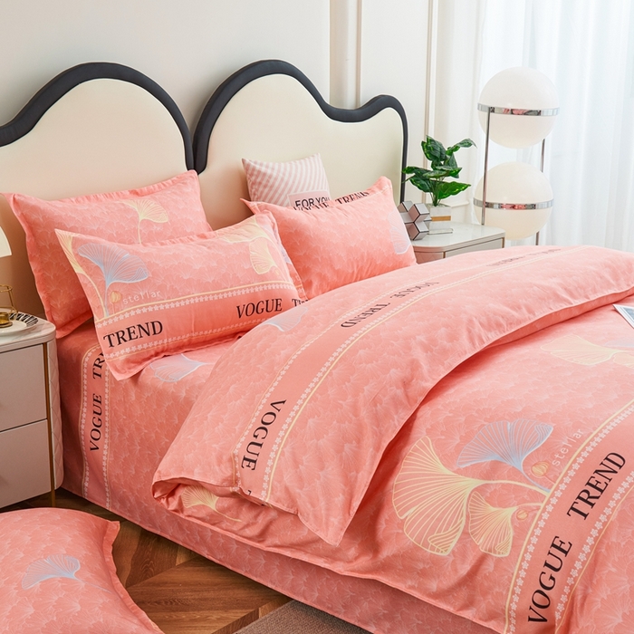 91家纺网 家纺一手货源 找家纺 鑫缘2025直播爆款印花植物羊绒加厚磨毛四件套1.2米学生三件套枫叶情-粉