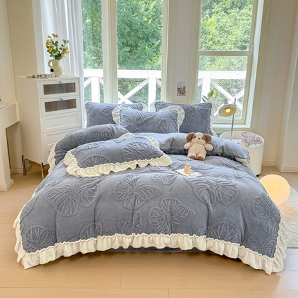 蝶帕家纺 2024新款舒棉绒提花塔芙绒四件套-蝶舞 蝶舞-绅士灰