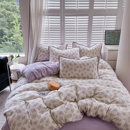 眠屿家纺 2024新款全棉皱皱纱牛奶绒四件套 花朵紫