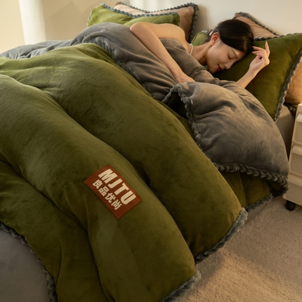 晨曦家纺 2024新款日系简约小包边牛奶绒四件套 简约-深绿灰