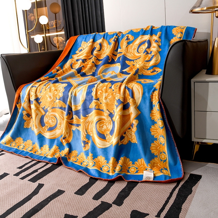 91家纺网 家纺一手货源 找家纺 爵仕 2024高档锦狐绒毛毯复合毯奢华复古绒毯爱马风格 蓝色范