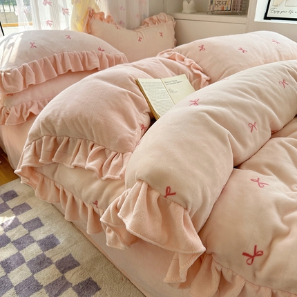 十里居 2024新款韩版蝴蝶结花边款牛奶绒四件套 蝴蝶结-浅粉