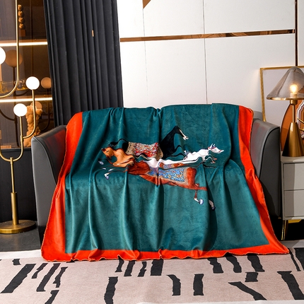 爵仕 2024高档锦狐绒毛毯复合毯奢华复古绒毯爱马风格 绿马