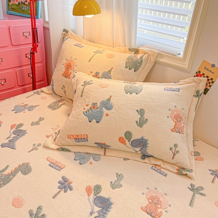 韩巢家纺 2024新款雪花绒枕套一对装 恐龙宝贝(绿)