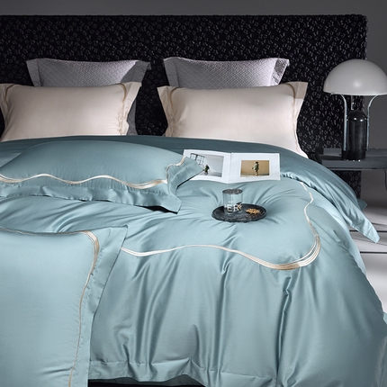 91家纺网 家纺一手货源 找家纺 时亿家居 2024新款100支长绒棉刺绣款四件套-比利时 比利时 晨雾蓝