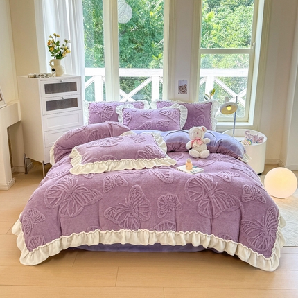 蝶帕家纺 2024新款舒棉绒提花塔芙绒四件套-蝶舞 蝶舞-香芋紫