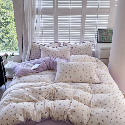 眠屿家纺 2024新款全棉皱皱纱牛奶绒四件套 小紫葡萄
