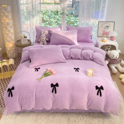 蝶帕家纺 2024新款阳离子提花舒棉绒四件套 蝴蝶结-紫