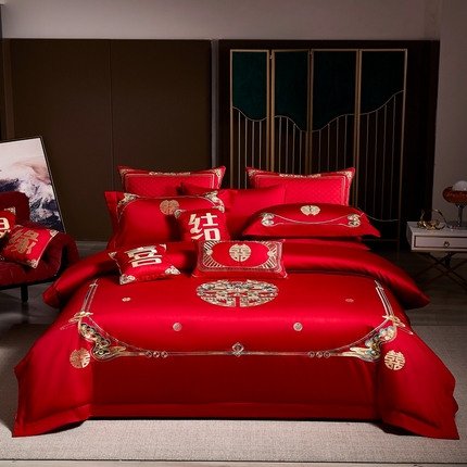 91家纺网 家纺一手货源 找家纺 （总）高大尚婚庆馆 2025新款60s长绒棉轻奢（床裙款）婚庆四件套