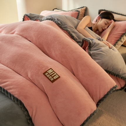 晨曦家纺 2024新款日系简约小包边牛奶绒四件套 简约-豆沙浅灰