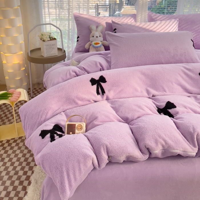 91家纺网 家纺一手货源 找家纺 蝶帕家纺 2024新款阳离子提花舒棉绒四件套 蝴蝶结-紫