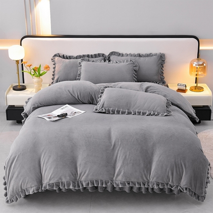 91家纺网 家纺一手货源 找家纺 （总）优家居 2024新款纯色韩版牛奶绒花边床裙床笠四件套单件被套直播热款