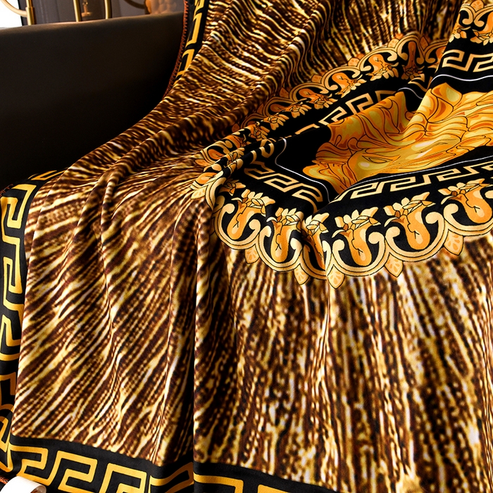 91家纺网 家纺一手货源 找家纺 爵仕 2024高档锦狐绒毛毯复合毯奢华复古绒毯爱马风格 金色范