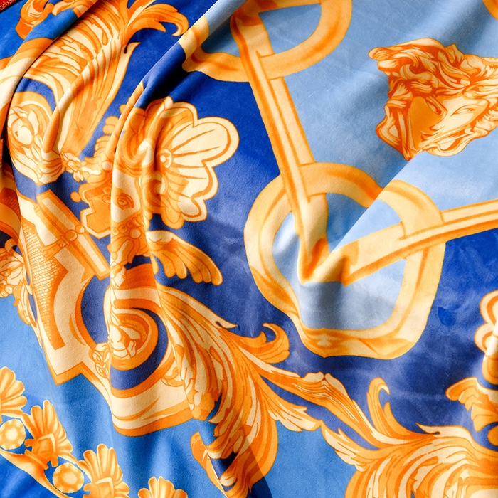 91家纺网 家纺一手货源 找家纺 爵仕 2024高档锦狐绒毛毯复合毯奢华复古绒毯爱马风格 蓝色范