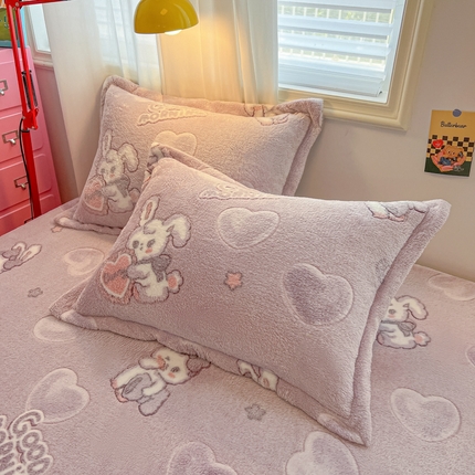 韩巢家纺 2024新款雪花绒枕套一对装 爱心兔(紫)
