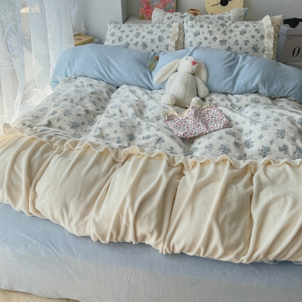 山茶家纺 2024新款碎花花边牛奶绒四件套 婉约-蓝-大花边