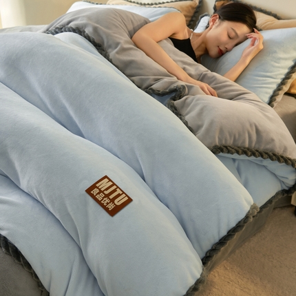 晨曦家纺 2024新款日系简约小包边牛奶绒四件套 简约-雾蓝灰