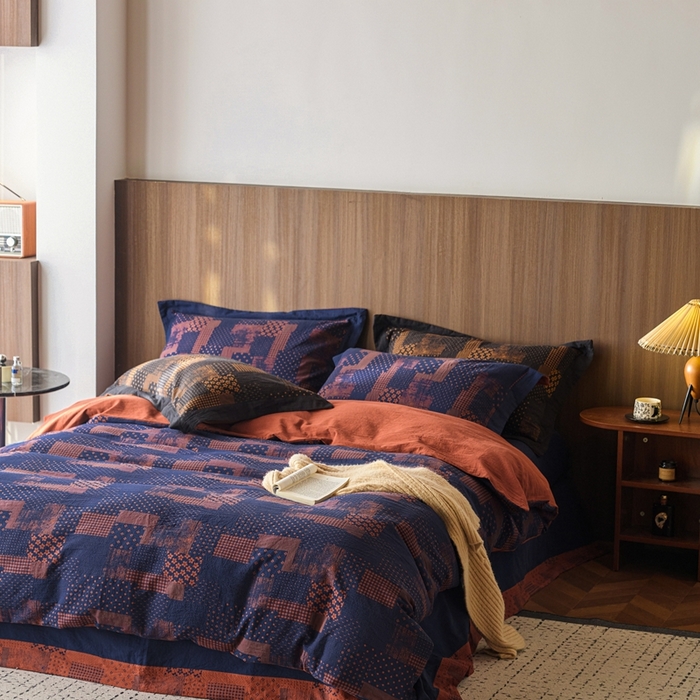 91家纺网 家纺一手货源 找家纺 安莱生活 2024新款全棉纯棉A类母婴双层纱纱布压线飞边款四件套 西雅图-红蓝