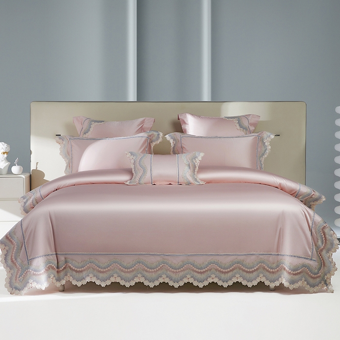 91家纺网 家纺一手货源 找家纺 2024新款高端蕾丝重磅真丝棉系列四件套-花言蜜语粉