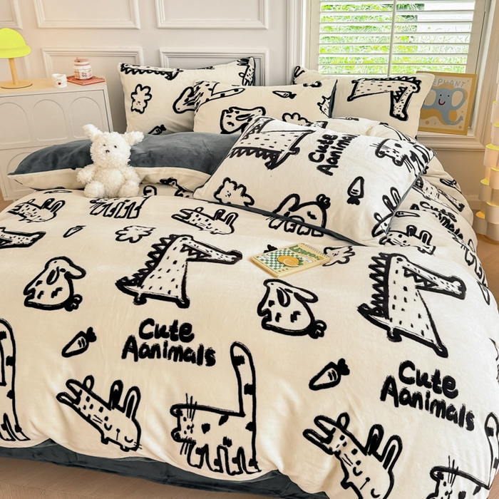 91家纺网 家纺一手货源 找家纺 简宜家居 2025新款牛奶绒印花四件套 简笔画