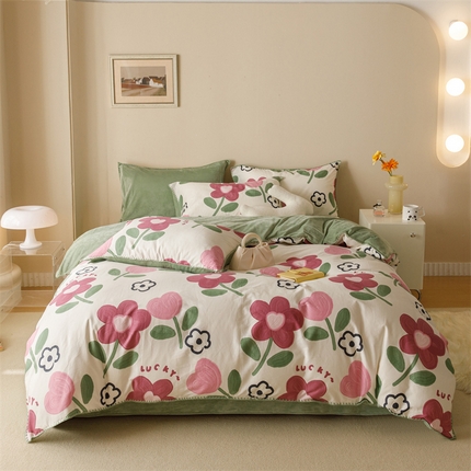 红粉佳人新款小清新卡通贝壳边三角针棉加绒四件套工艺款牛奶绒四件套千娇百媚