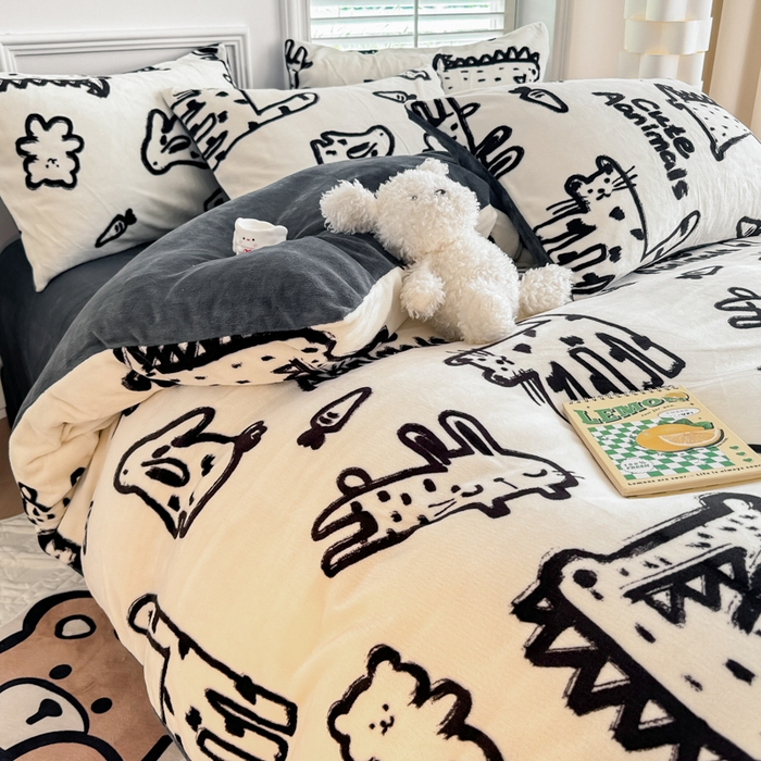 91家纺网 家纺一手货源 找家纺 简宜家居 2025新款牛奶绒印花四件套 简笔画