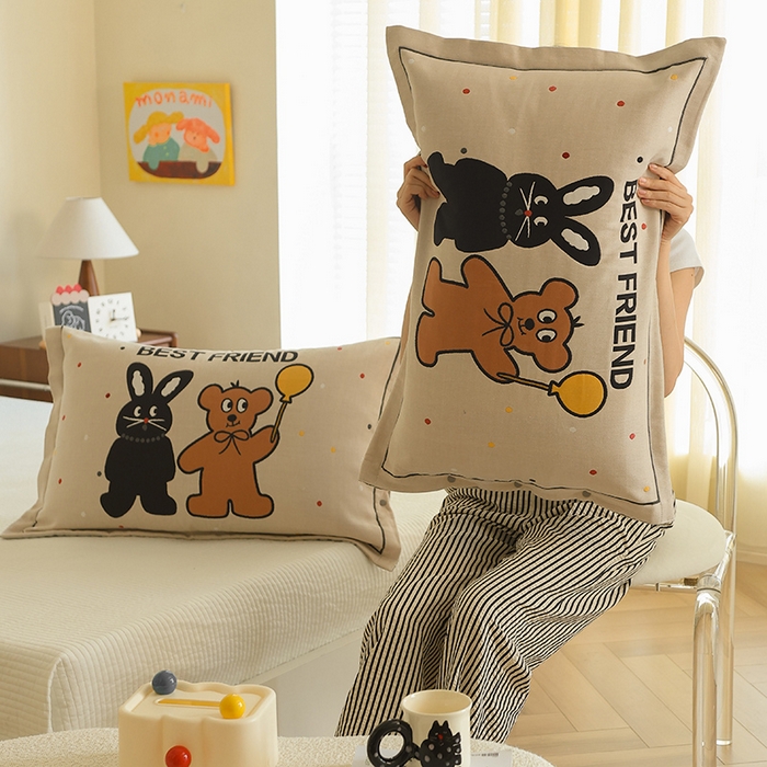 91家纺网 家纺一手货源 找家纺 2024新款全棉四层纱布枕套一对装纽扣款枕套 好兔友