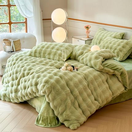 畅畅家纺 2024新款AB版冬季纯色七彩兔兔绒兔毛绒牛奶绒四件套 抹茶绿
