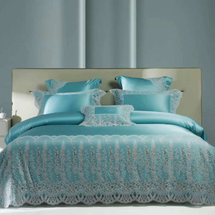 91家纺网 家纺一手货源 找家纺 2024新款高端蕾丝重磅真丝棉系列四件套-芬芳细雨 芬芳细雨 绿