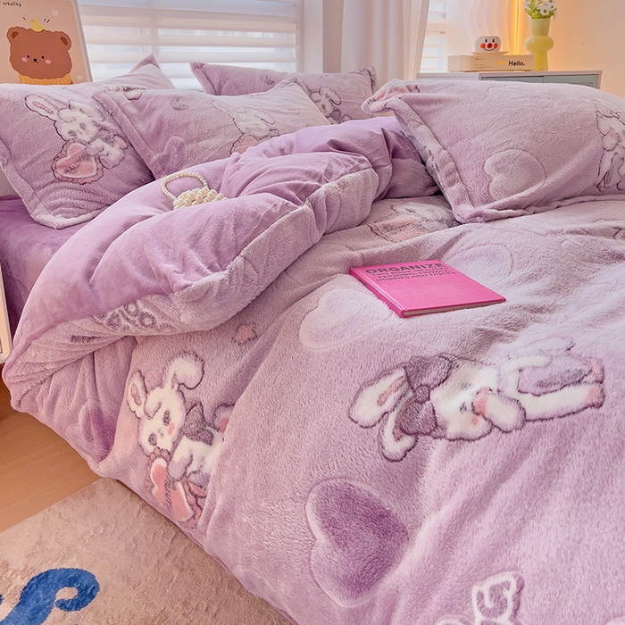 91家纺网 家纺一手货源 找家纺 2024新款加厚雪花绒印花四件套-风格二（提供卖家秀） 爱心免(紫)