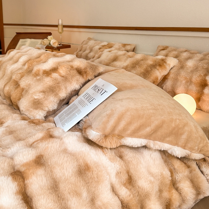 91家纺网 家纺一手货源 找家纺 畅畅家纺 2024新款AB版冬季纯色七彩兔兔绒兔毛绒牛奶绒四件套 七彩咖