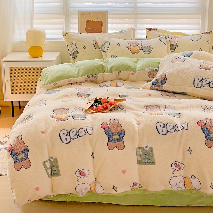 91家纺网 家纺一手货源 找家纺 2024新款加厚雪花绒印花四件套-风格二（提供卖家秀） 快乐心情