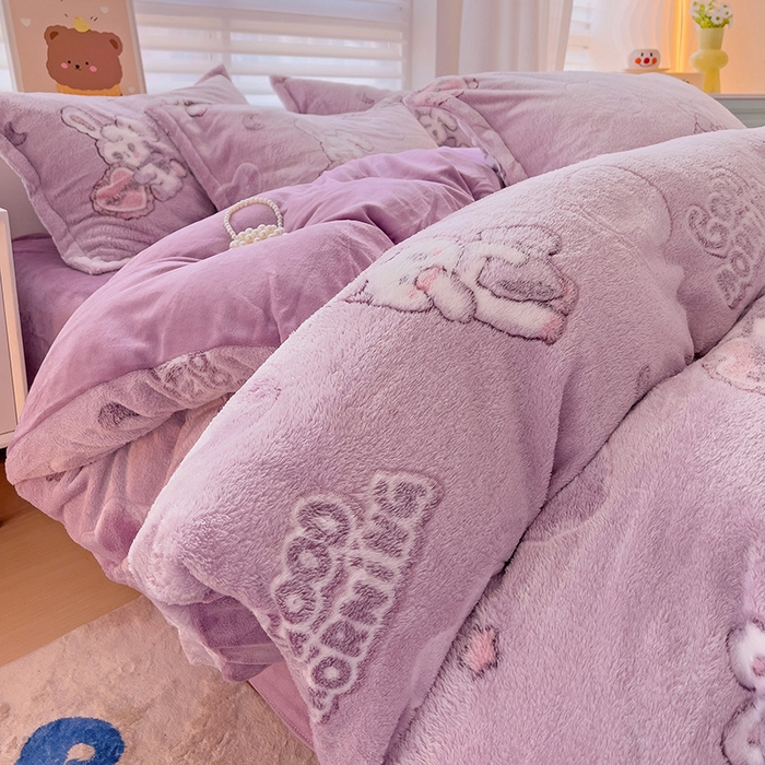 91家纺网 家纺一手货源 找家纺 2024新款加厚雪花绒印花四件套-风格二（提供卖家秀） 爱心免(紫)